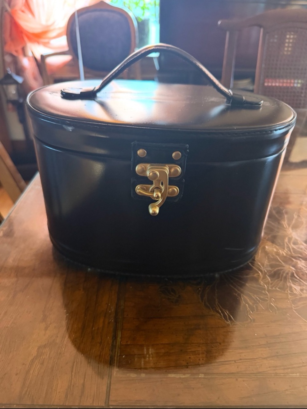 Vintage Black Leather Vanity Case with Gold Hardware